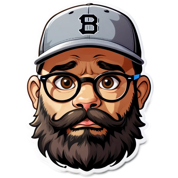 A man with a grey baseball cap, hazel eyes, big dark brown beard and glasses, big bubble begging puppy eyes emoji