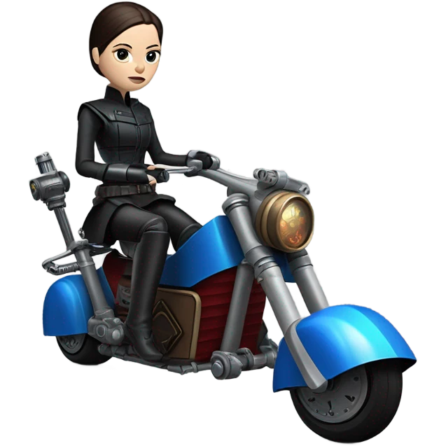 Jedi bounty hunter Wednesday Addams racing in a modern blue,red and pewter steampunk electric luxury flying speeder bike from Star Wars  emoji