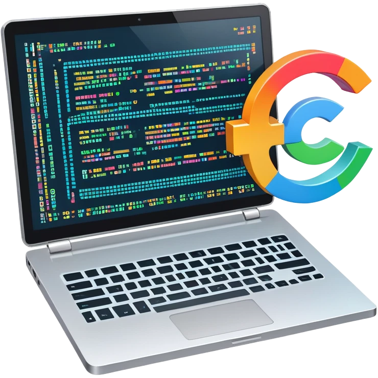 An icon featuring a laptop screen with colorful lines of code, brackets, and a blinking cursor, symbolizing programming. The design includes flowcharts, gear icons, and binary code, representing software development and logical problem-solving. Transparent background highlights the world of coding. emoji