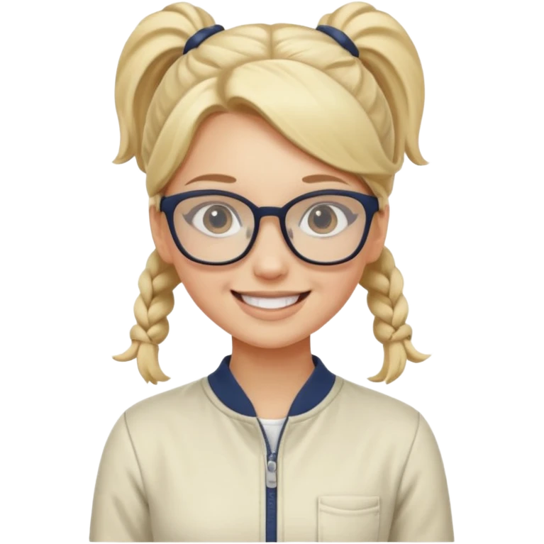 cewe kalem pake kacamata kulit putih rambut blondeponian baju kodok warna cream tersenyum emoji