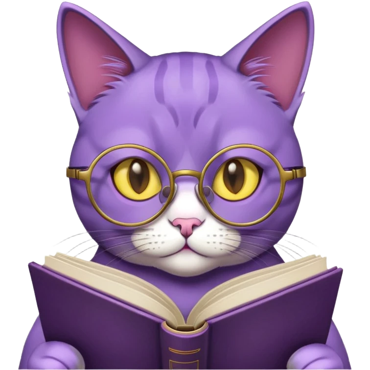 A purple cat reading a book. It has yellow eyes and is wearing round glasses. emoji