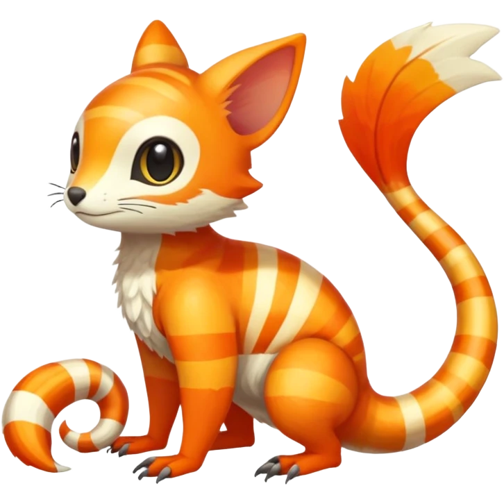 lush warm-colored Fakémon-Trico-creature (full body) with white cheek markings, white-striped tail emoji