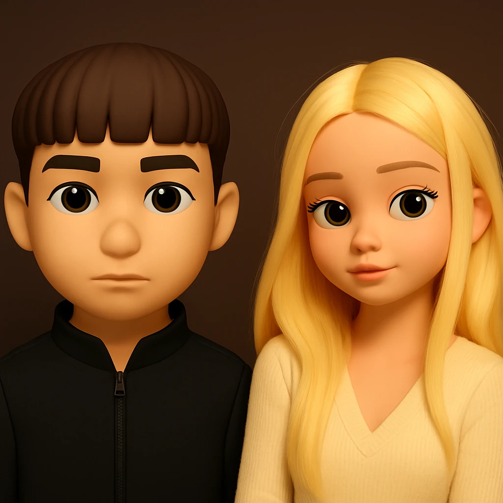 разместить этих двух 3d emoji персонажей на одном фоне, чтобы они стояли раздельно друг от друга, с заметным пространством между ними, не изменяя сами изображения emoji
