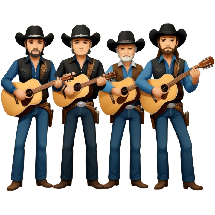 Icon for Country Music: The Highwaymen—Johnny Cash, Willie Nelson, Waylon Jennings, and Kris Kristofferson—standing together with guitars, cowboy hats, and rugged outlaw country aesthetics. Warm tones, western scenery hints, and a transparent background. emoji
