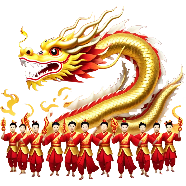 Cinematic Realistic scene of a Chinese Dragon Dance featuring performers energetically holding a vibrant dragon model aloft, with intricately detailed scales and dynamic flowing costumes, illuminated by festive red and gold lighting that captures the spirit of celebration. emoji