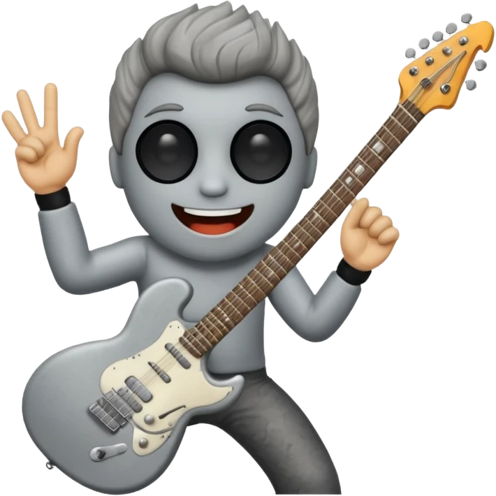 a rock with a happy face that is holding up a rock and roll hand and an electric guitar emoji