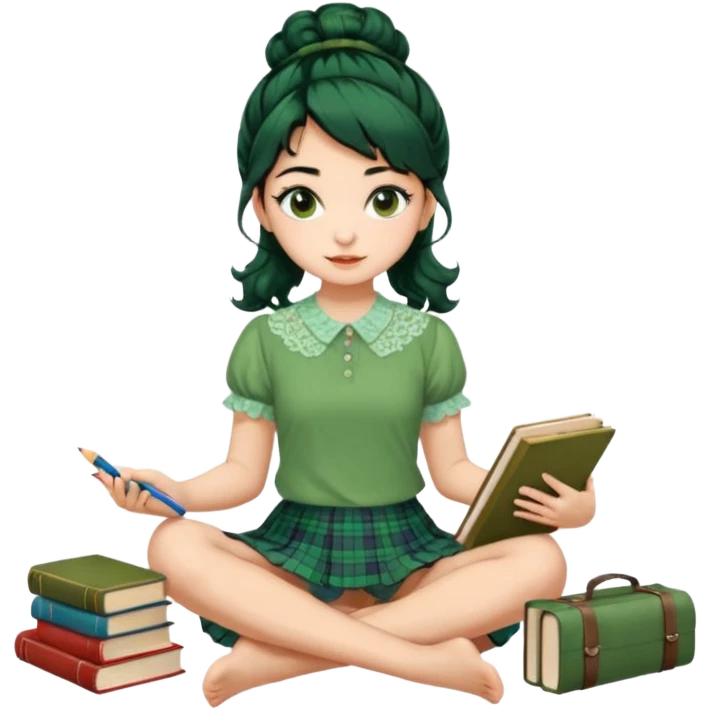 A beautiful girl wears a green lace blouse with short sleeves and a green lace skirt with a plaid pattern. Her long, curly black hair is styled in a messy bun. She holds books and crayons in her hands, and she is barefoot, sitting cross-legged on the floor. The illustration style is pop art. emoji