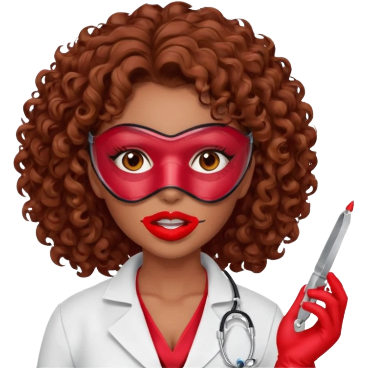 Lilith scalpel in hand, evil surgeon sexy surgeon clothes.  She has red eyes.  Hair is long. Hair is brown and curly hair. Wears sexy doctor outfit with red gloves. Covers mouth and neck mask  red emoji