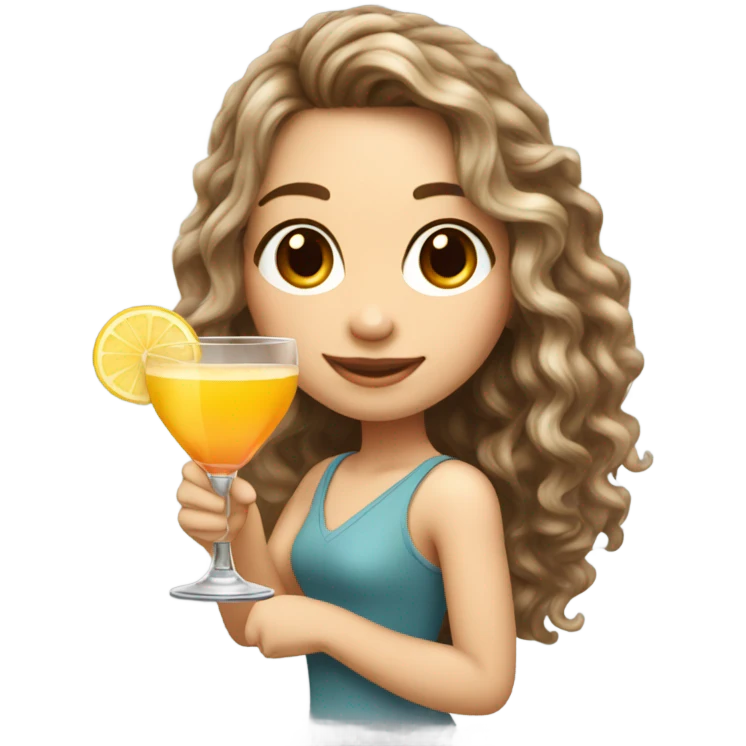 Beautiful girl with flowy Long curly brown hair with blonde highlights, white skin with a cocktail emoji