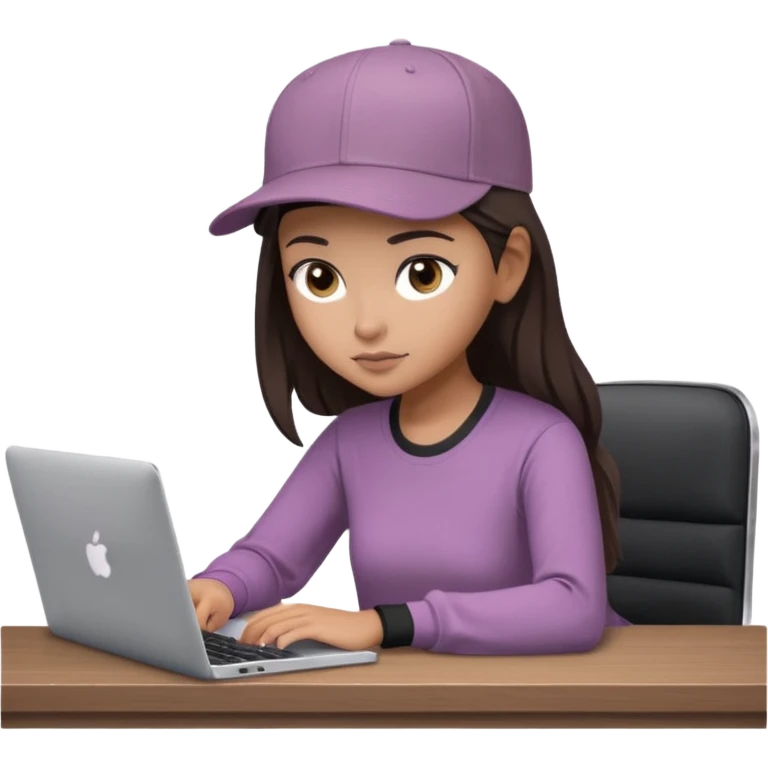 A professional 3D avatar of a young woman with olive skin and long, dark brown hair, wearing a dark, long-sleeved mauve taupe shirt and a black baseball cap. She's sitting at a sleek wooden desk, typing and looking at a silver MacBook.  emoji