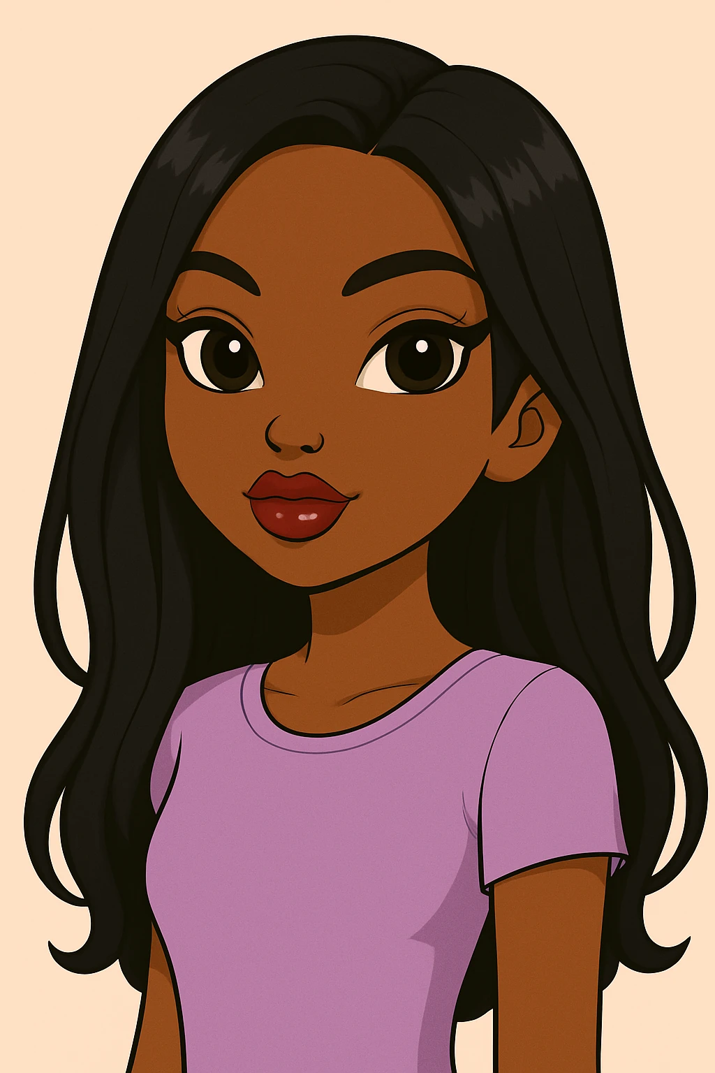 Remove the wink, keep both eyes open with a sassy attitude, headshot only, 20-year-old anime Bratz style woman with dark skin, straight hair, cute pastel Y2K look, big expressive eyes, glossy lips, no hat, no tears, confident and playful expression, in anime Bratz style. emoji