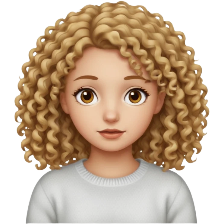 a dirty blonde girl with brown eyes and make her wearing a white sweater with curly hair and white skin color emoji