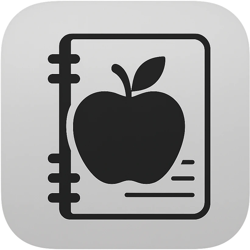 iOS app icon style for folder 'School': square with strongly rounded corners, grayscale background, symbol of an apple and notebook in the center, modern look, no color emoji
