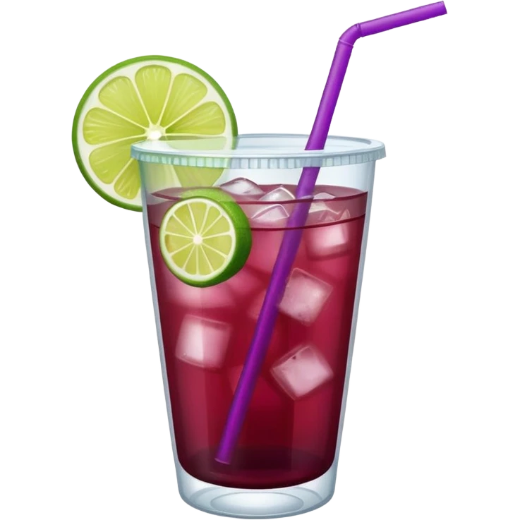 maroon purple cocktail with a lime in a plastic cup with lid and straw  emoji