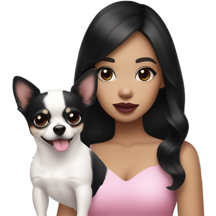 Thick medium black hair with black eyes and pink lip and pink cheek Filipino lady with black and white Chihuahua  emoji