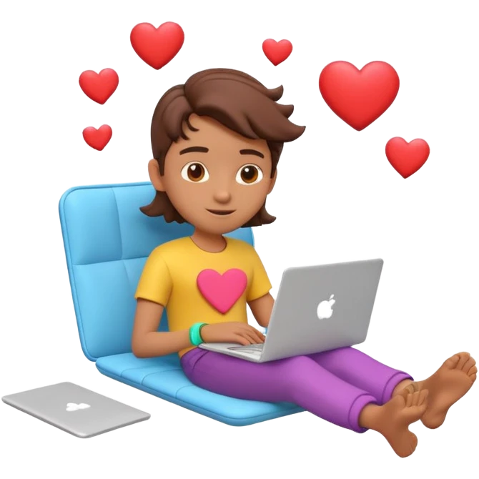 3D clay character relaxed with laptop and coffee, floating icons (hearts + dollars), colofrful modern outfit, white laptop, Pixar style, transparent background emoji