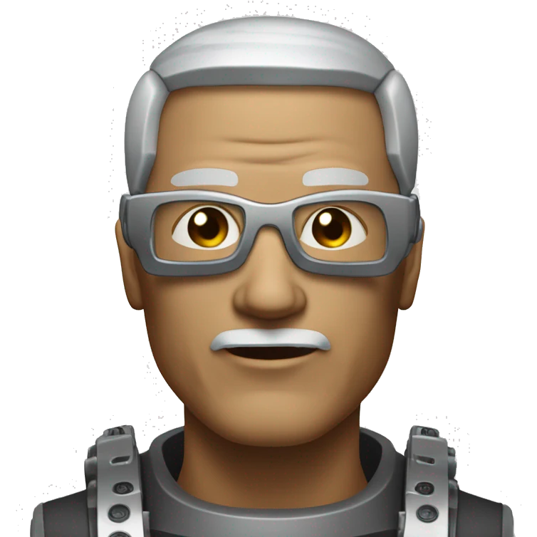 Older Male cyborg head with metallic plated face, brown flat top haircut, glasses and circuitry emoji