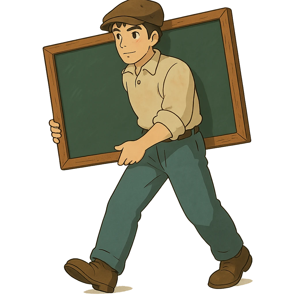 ghibli style man carrying a chalkboard emoji