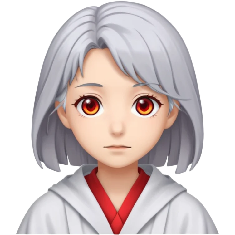 Anime girl with gray hair, red eyes and psychiatric robe emoji