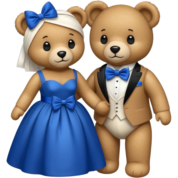Teddy bear wearing white wedding dress holding the hand to another teddy bear wearing a big royal blue bow tie. The one with the white dress has no bows emoji
