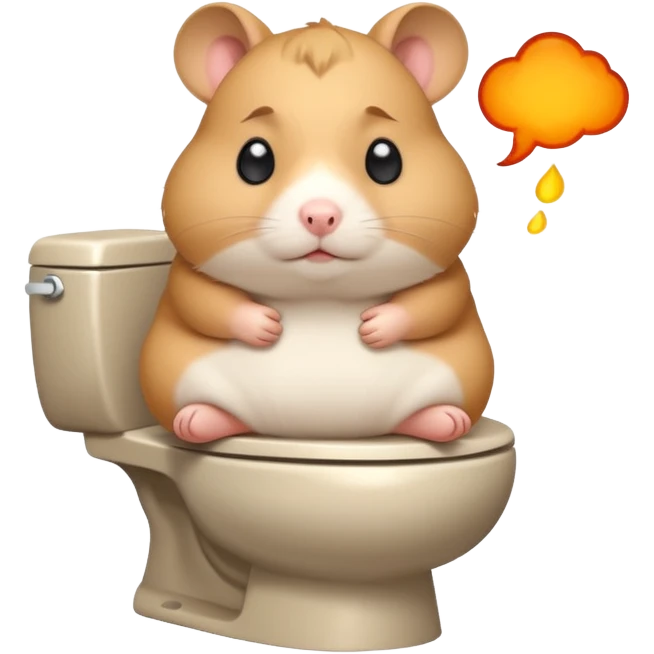Cute chubby cartoon-style hamster sitting on toilet pooping looking guilty with thought bubble thinking about chilli  emoji
