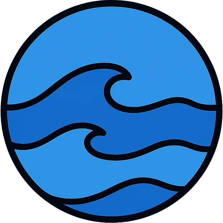 Make the ocean icon more distinct by showing a vast, open expanse of deep blue water with large rolling waves. No land visible. Keep the circular shape with a medium black border and no frame. White background. Color outline style. emoji