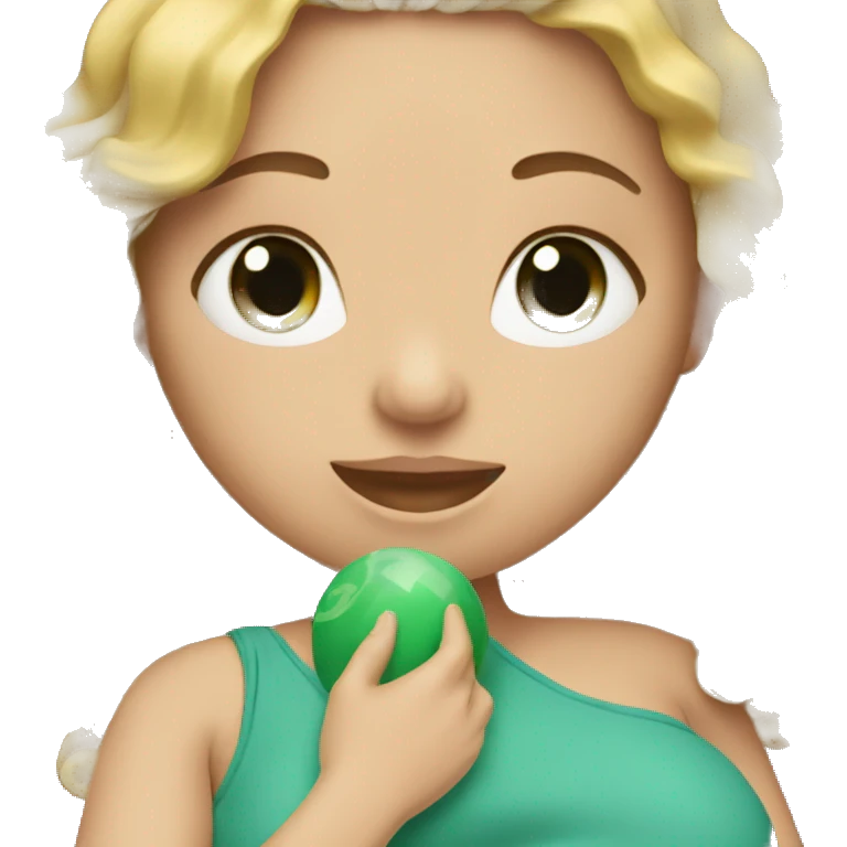 A pregnant Woman with long curly blond Hair and green eyes is pregnant. emoji