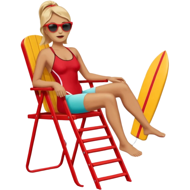 Female lifeguard – red swimsuit, sunglasses, sitting on tall lifeguard chair. emoji