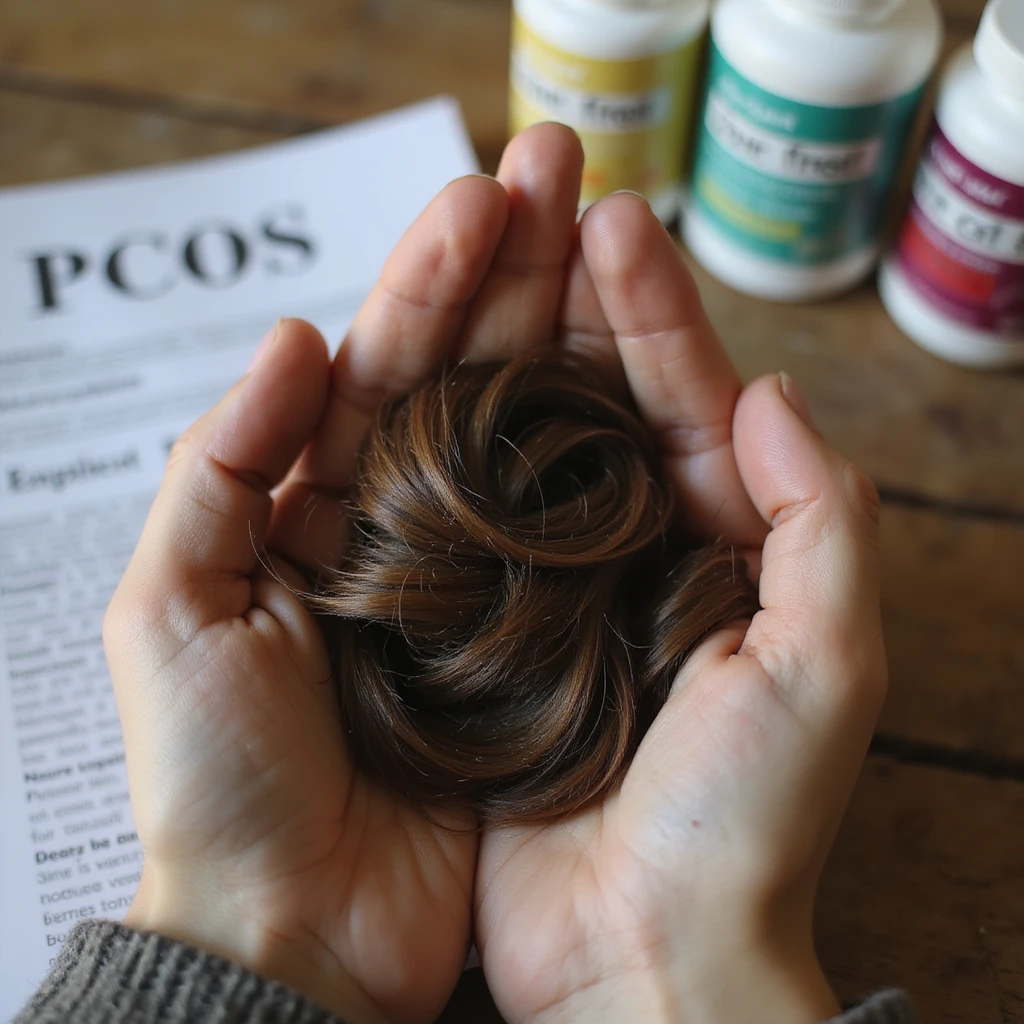 hyperrealistic 4K close-up of a hand holding a large clump of fallen hair, with hair supplement packaging and a report with 'PCOS' written on it in the background emoji