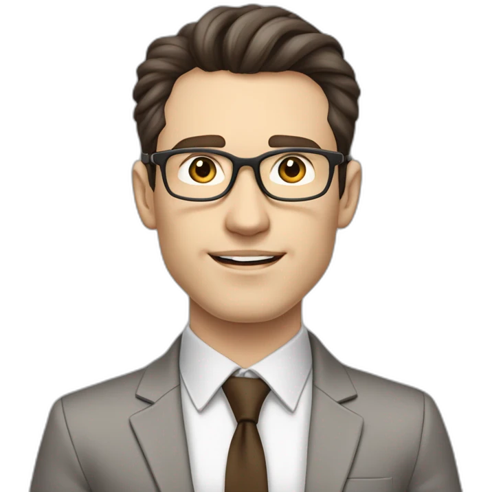 Pale skinned fit man with dark brown hair in gray jacket, beige office shirt, brown tie, brown pants and vintage glasses Writing on the marker board emoji