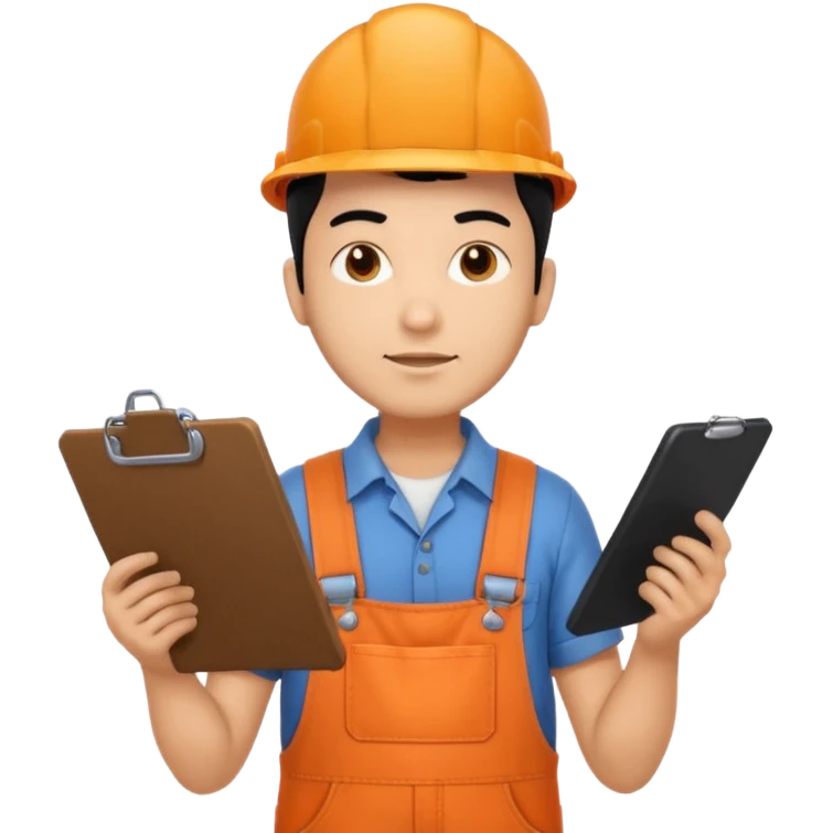 Indian male railway engineer orange overalls, boots holding a clipboard back of head emoji