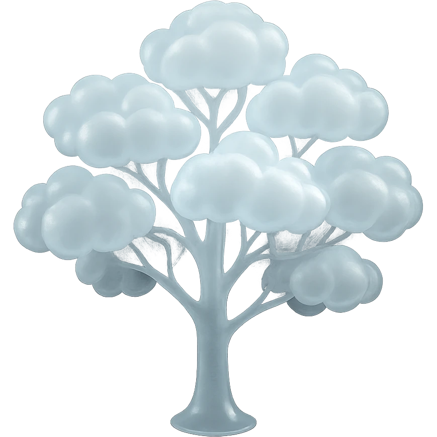 one tree with many branches and a white trunk, crown made of small very bright white fluffy convex clouds, matte glass style emoji