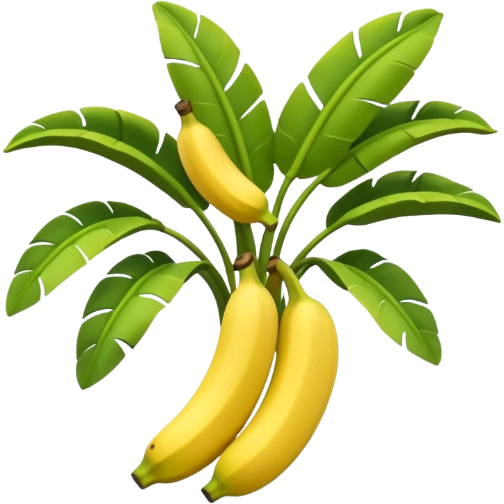 A 3D cartoon banana plant with large green leaves and a bunch of bananas growing downward, natural lighting, Memoji-style. emoji