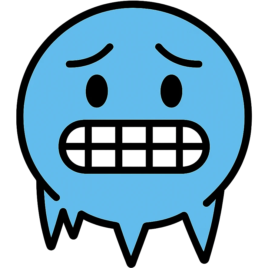 Blue face with icicles and chattering teeth, freezing expression emoji