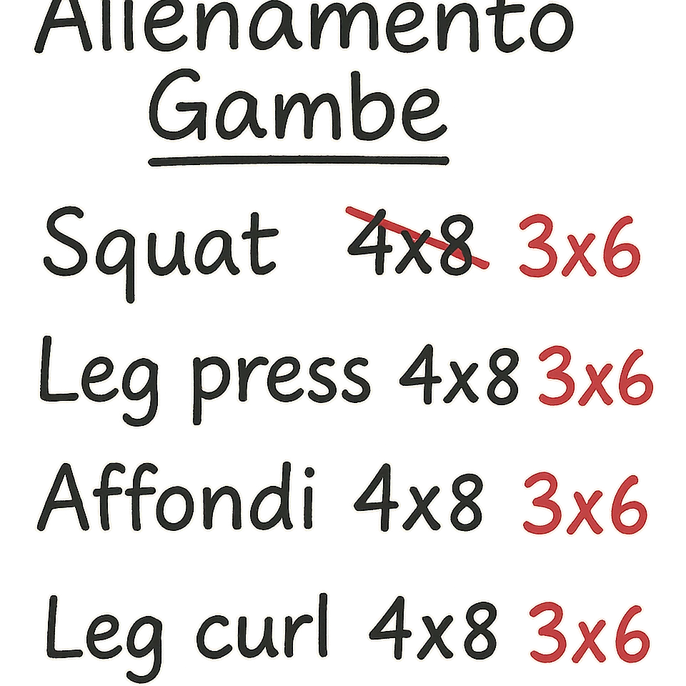 foglio di carta con scheda di allenamento gambe in italiano con volume di allenamento ridotto (fai alcuni esercizi con 4x8 scritti in precedenza sbarrati in rosso e la correzione accanto tipo 3x6), scrivila al meglio che puoi emoji