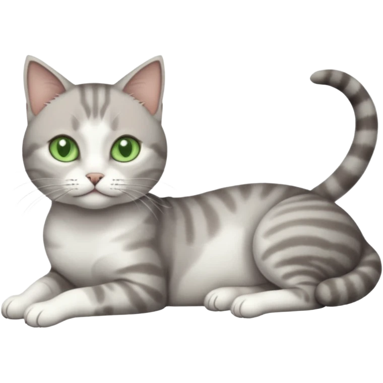 full body tiny short hair grey and white cat with white front legs and green  eyes lying down emoji