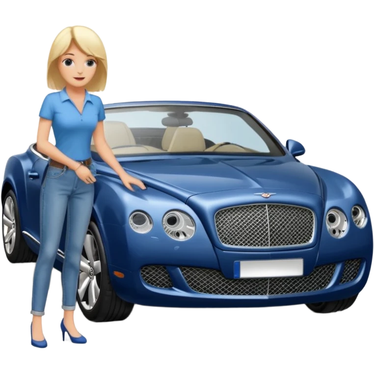 A heavy set middle aged blond lady in blue jeans washing a black Bentley car. show the full car and the lady next to it. show the face smaller and the person standing beside it...use the  emoji