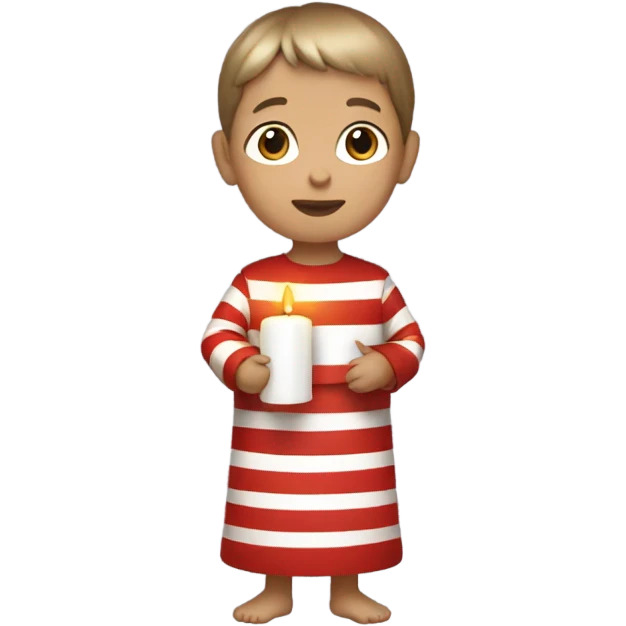 child holding a white candle, dressed in a long tunic with red and horizontal stripes emoji