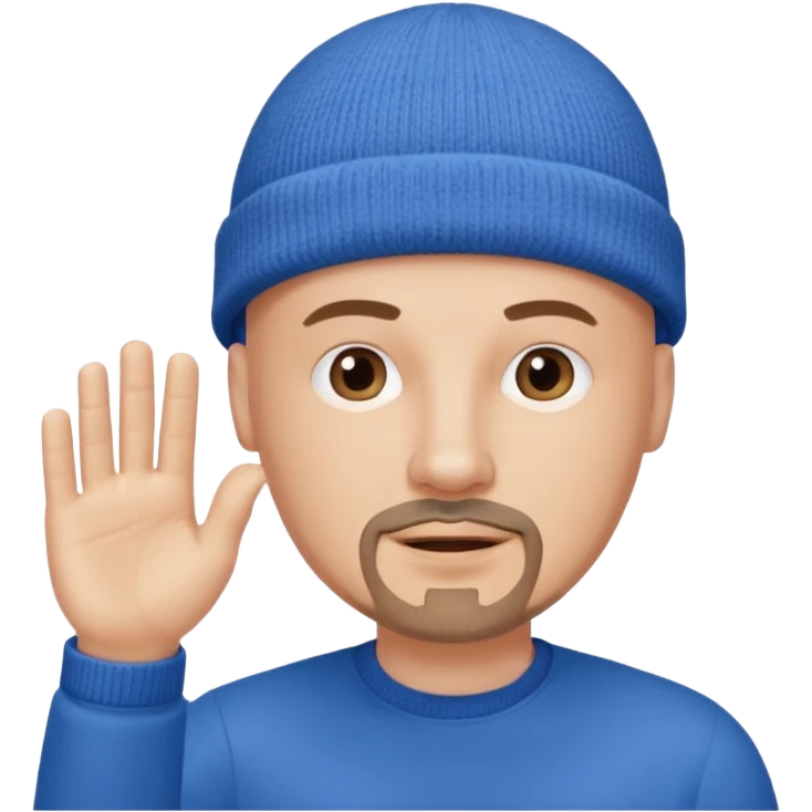 White bald with regular goatee hand raised blue knit cap emoji