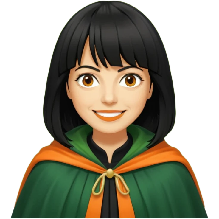 traitor tv show, person wearing green cloak who looks like claudia winkleman orange skin tone and thick black fringe emoji