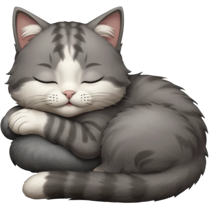 dark grey and white small cat with closed eyes, leaning his head on his paw while leaning on his elbow lying down emoji