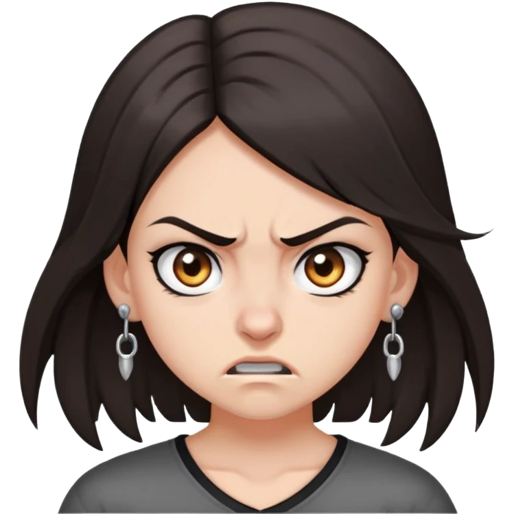 angry girl, dark brown shoulder-length hair, grey eyes, nose and ear piercings emoji