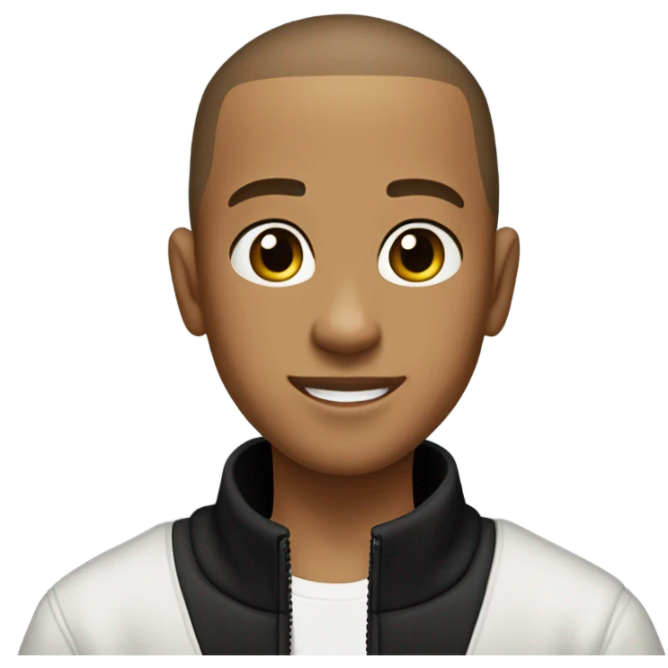 boy with very light brown skin, buzz cut, no facial hair, wearing a smart black quarter zip jumper with white t shirt underneath. emoji