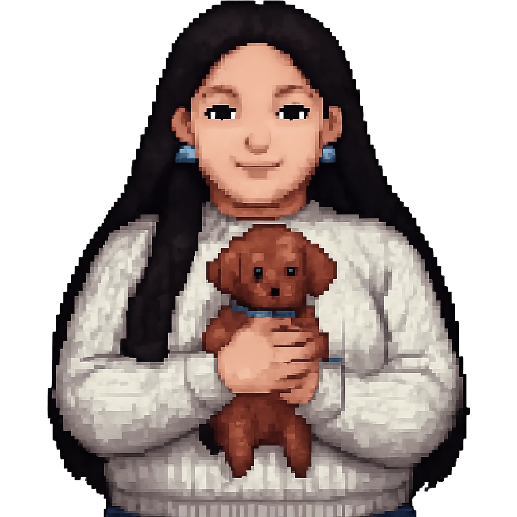 Make the woman's hair much darker and longer, reaching waist length, and increase her weight for a fuller figure, in pixel art style, with no background. emoji