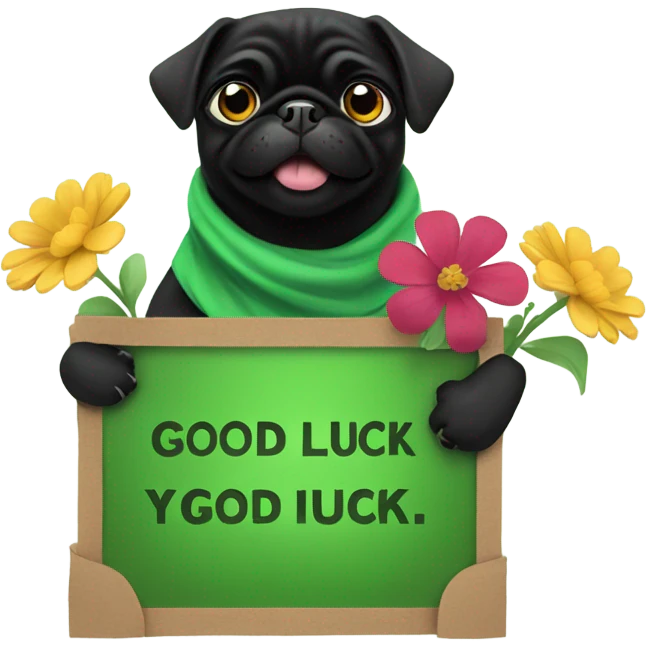 Black pug , surrounded by flowers, holding a green sign that says “good luck”  emoji