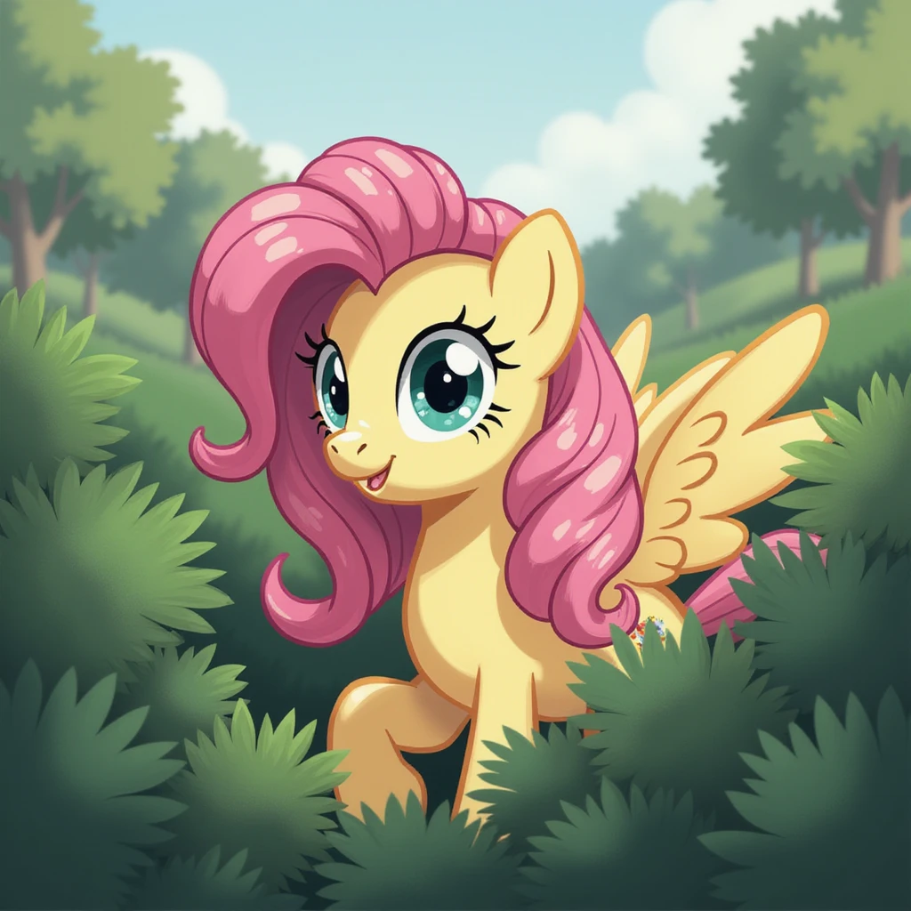 Fluttershy peeking from behind a bush, realistic style, no background, transparent emoji
