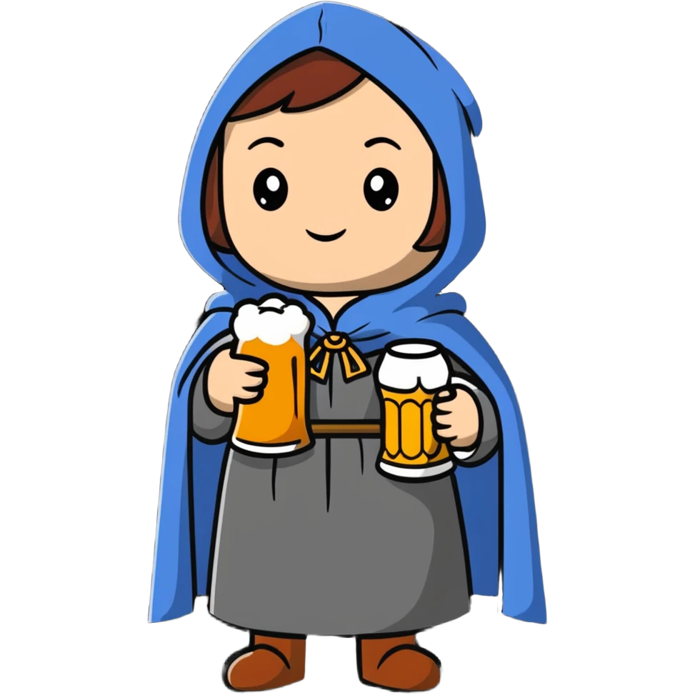young female medieval pilgrim with cloak and beer bottle emoji