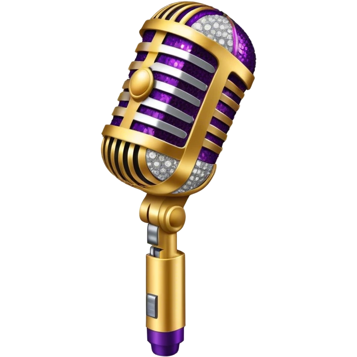 Create a glamorous and vibrant emoji representing stage vocal performance. The design should feature a classic vintage microphone at the center, surrounded by an eye-catching stage costume covered in rhinestones, sparkling brightly. The costume should be stylized, with glittering elements like sequins and sparkles, and reflect the glitzy, extravagant nature of show business. The microphone should have a sleek, retro look with chrome or metallic accents. Use rich, dazzling colors like gold, silver, deep purple, and bright red to evoke the glamorous, larger-than-life feel of a stage performance. The background should be transparent. emoji