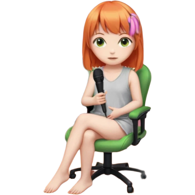 An ASMR streamer with orange hair, bangs, green eyes, and a microphone in front of her. Her room is dimly lit with pink light. She's sitting in a gaming chair with "Serappu" written on it. Behind her is a snake plant. On the shelf next to the plant are Baby Yoda and Gandalf toys. emoji