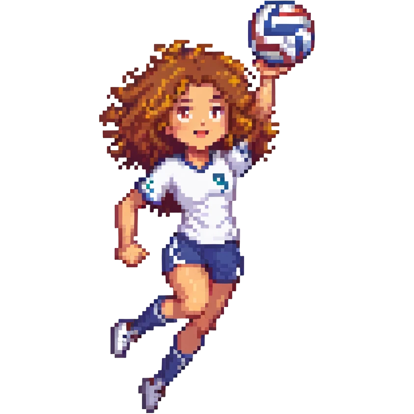 curly haired girl playing volleyball, energetic, action pose, pixel art style emoji